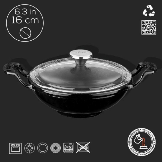 Tigaie wok cu capac sticla, fonta, 16 cm, Negru - LAVA