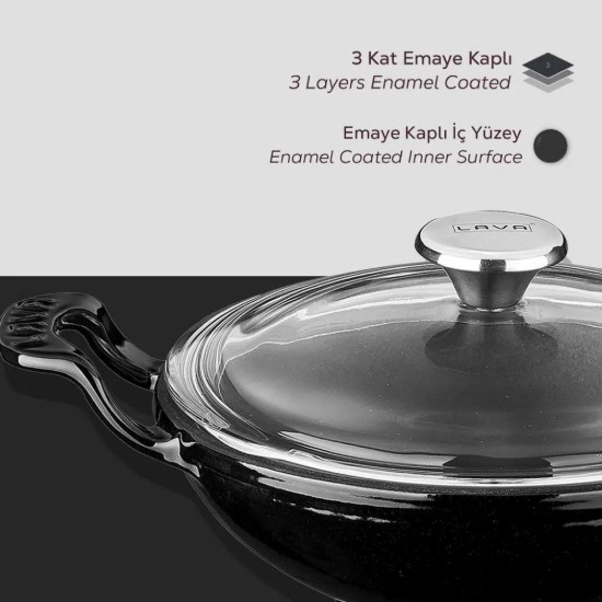Tigaie wok cu capac sticla, fonta, 16 cm, Negru - LAVA