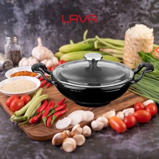 Tigaie wok cu capac sticla, fonta, 16 cm, Negru - LAVA