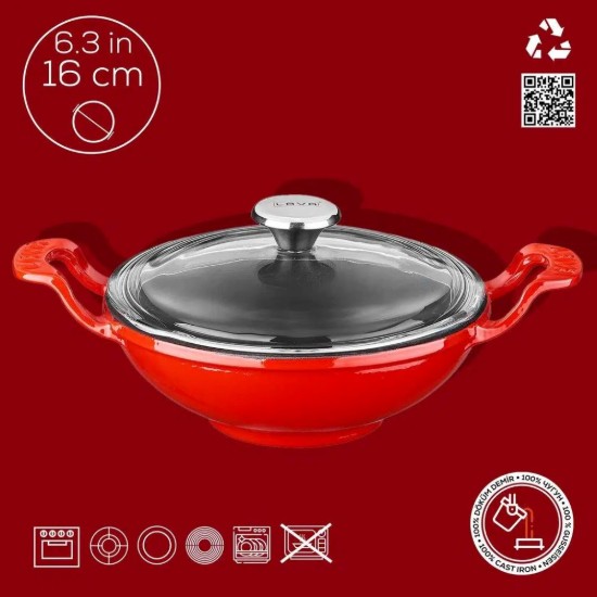 Tigaie wok cu capac sticla, fonta, 16cm, Rosu - LAVA