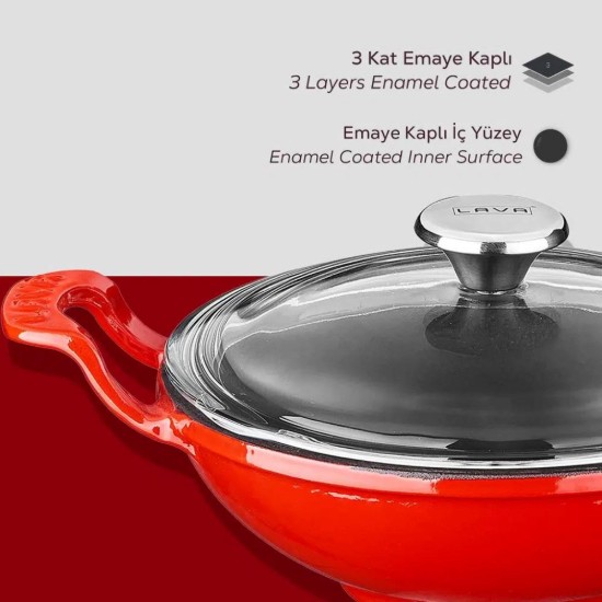 Tigaie wok cu capac sticla, fonta, 16cm, Rosu - LAVA