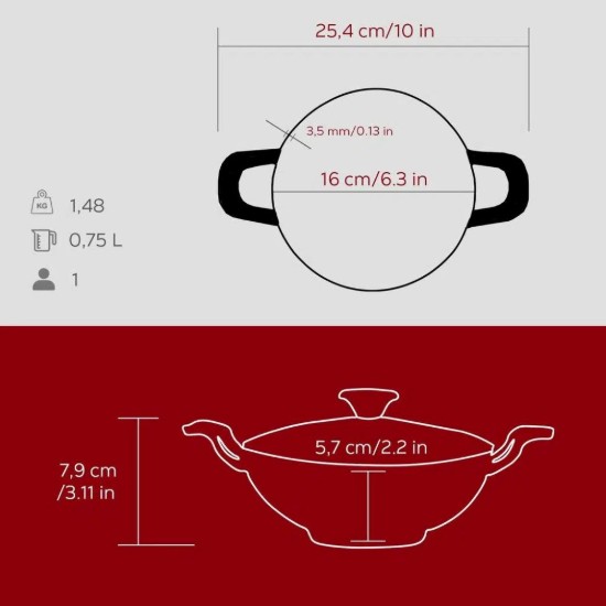 Tigaie wok cu capac sticla, fonta, 16cm, Rosu - LAVA
