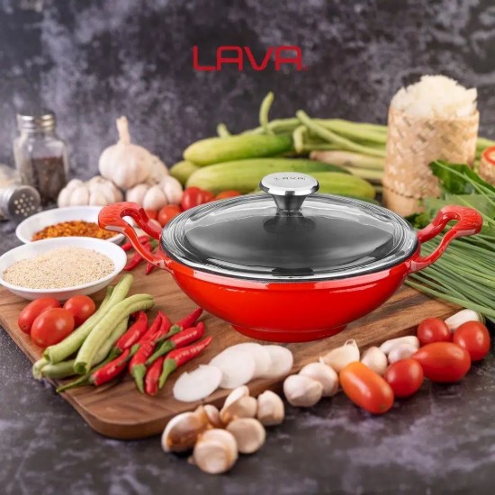 Tigaie wok cu capac sticla, fonta, 16cm, Rosu - LAVA