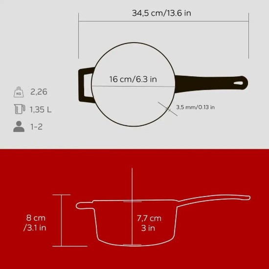 Cratita sos, fonta, 16cm/1,35L, "Glaze", Rosu  - LAVA