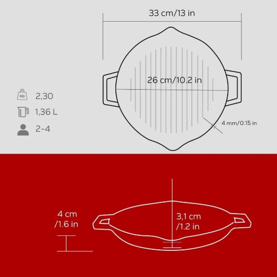 Tigaie grill, fonta, 26cm, Rosu - LAVA