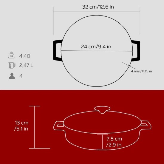 Cratita fonta, 24cm/2,47L, "Folk", Rosu - LAVA