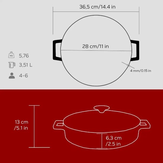 Cratita fonta, 28cm/3,5L, "Folk", Rosu - LAVA