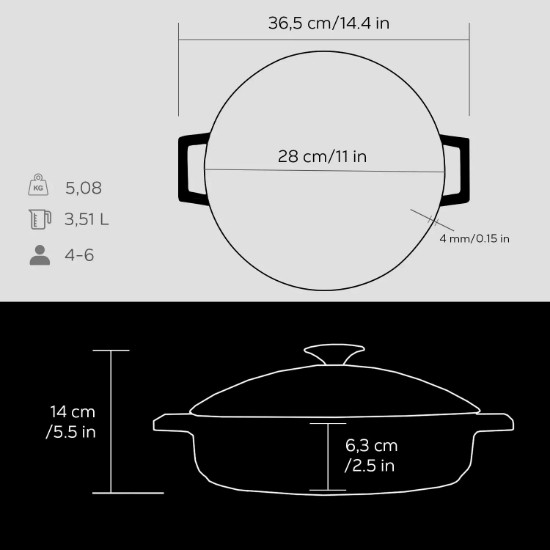 Cratita fonta, 28cm/3,5L, "Glaze", Negru - LAVA