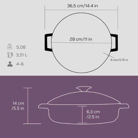 Cratita fonta, 28cm/3,5L, "Glaze", Mov - LAVA