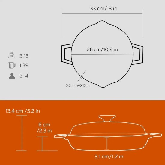 Tigaie fonta, cu capac, 26cm, "Glaze", Portocaliu - LAVA