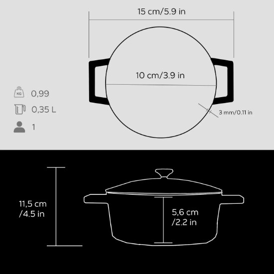 Mini-cratita fonta, 10cm/0,35L, "Folk", Negru - LAVA