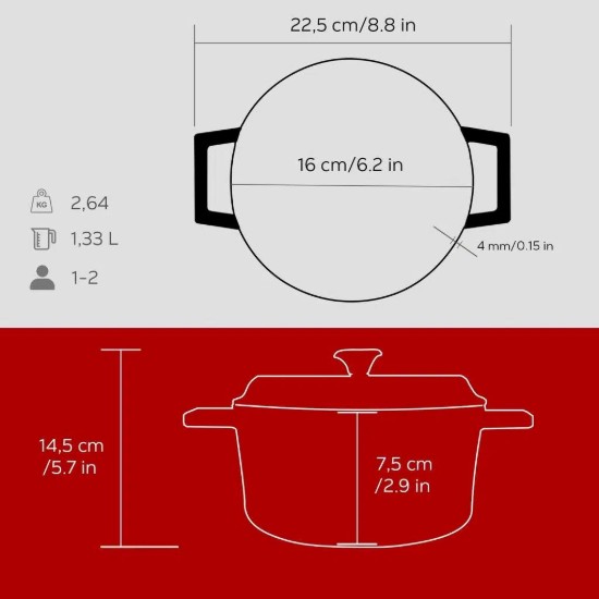 Cratita fonta, 16cm/1,33L, "Trendy", Rosu - LAVA