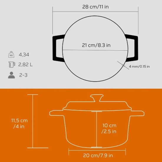 Cratita fonta, 20cm/2,82L, "Trendy", Portocaliu  - LAVA