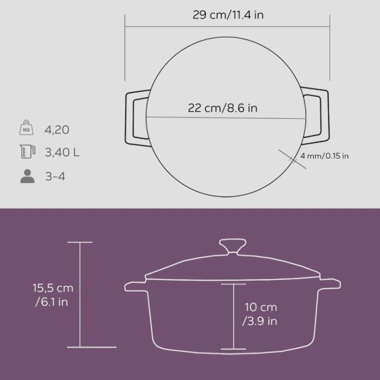 Cratita fonta, 22cm/3,4L, "Folk", Mov - LAVA