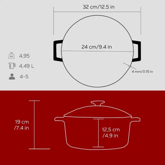 Cratita fonta, 24cm/4,5L, "Glaze", Rosu - LAVA