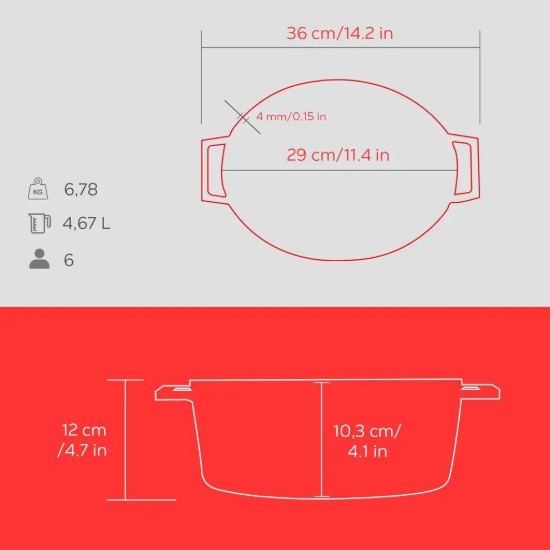 Cratita ovala, fonta, 29 cm/4,7L, "Spring", Rosu - LAVA