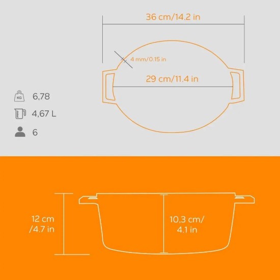 Cratita ovala, fonta, 29cm/4,7L, "Spring", Portocaliu - LAVA