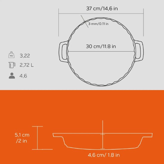 Tava de copt, fonta, 30cm/2,72L, Portocaliu - LAVA