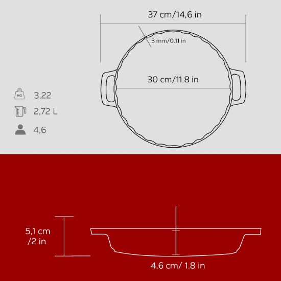 Tava de copt, fonta, 30cm/2,72L, Rosu - LAVA