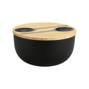 Bol salata cu tacamuri, 24 cm, plastic/bambus, Negru - Kesper