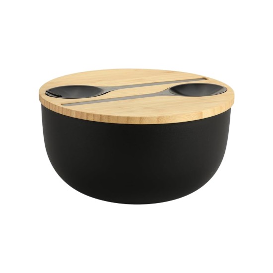 Bol salata cu tacamuri, 24 cm, plastic/bambus, Negru - Kesper