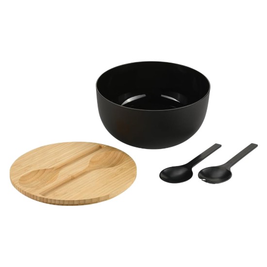 Bol salata cu tacamuri, 24 cm, plastic/bambus, Negru - Kesper