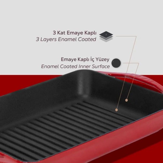 Tava grill, fonta, 22 x 32 cm, Rosu - LAVA