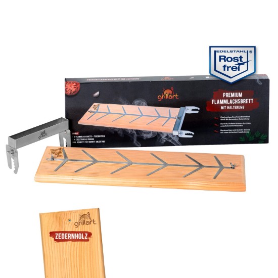 Placa premium pentru somon afumat din lemn de cedru, 18x55x2,5 cm, cu suport din otel inoxidabil Grillart GA-1024-1