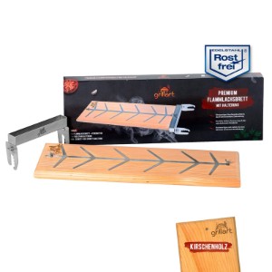 Placa premium pentru somon afumat din lemn de cires, 18x55x2,5 cm, cu suport din otel inoxidabil Grillart GA-1024-3