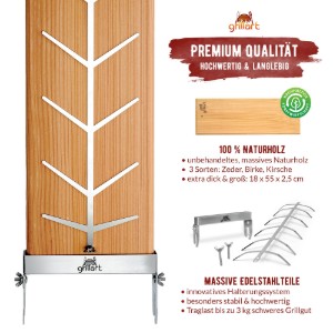 Placa premium pentru somon afumat din lemn de mesteacan, 18x55x2,5 cm, cu suport din otel inoxidabil Grillart GA-1024-2