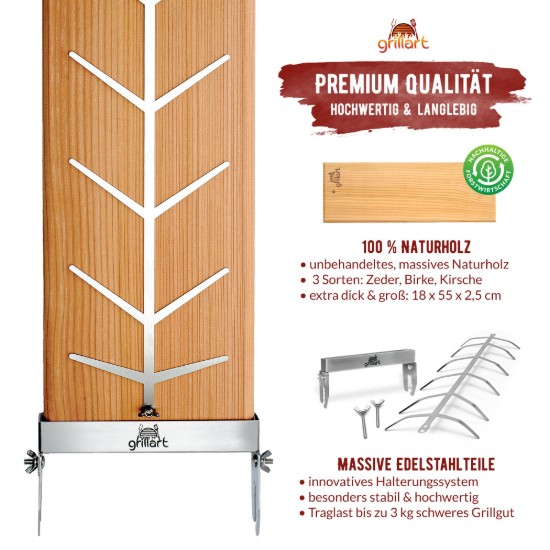 Placa premium pentru somon afumat din lemn de mesteacan, 18x55x2,5 cm, cu suport din otel inoxidabil Grillart GA-1024-2