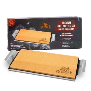 Set 2 placi din lemn de cedru XL 30x14,5x1 cm cu cadru din otel inoxidabil pentru gatit la gratar Grillart GA-1003-8