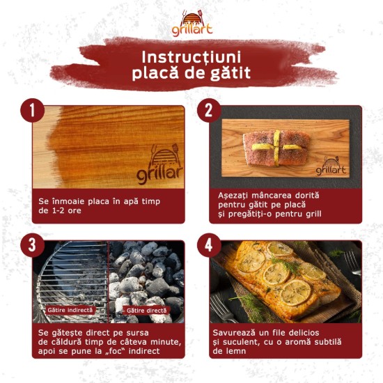 Set 2 placi din lemn de cedru XL 30x14,5x1 cm cu cadru din otel inoxidabil pentru gatit la gratar Grillart GA-1003-8