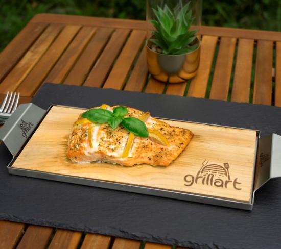 Set 2 placi din lemn de cedru XL 30x14,5x1 cm cu cadru din otel inoxidabil pentru gatit la gratar Grillart GA-1003-8