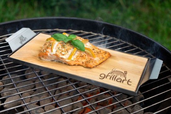 Set 2 placi din lemn de cedru XL 30x14,5x1 cm cu cadru din otel inoxidabil pentru gatit la gratar Grillart GA-1003-8