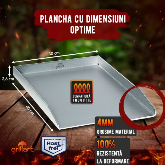 Plita tip plancha cu spatula din inox de 4 mm, dimensiune universala 30x40x3,6 cm, compatibila inductie Grillart GA-1031-2