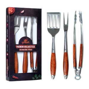 Set 3 ustensile premium din otel inoxidabil cu maner de lemn Grillart GA-1023
