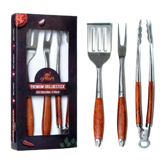 Set 3 ustensile premium din otel inoxidabil cu maner de lemn Grillart GA-1023