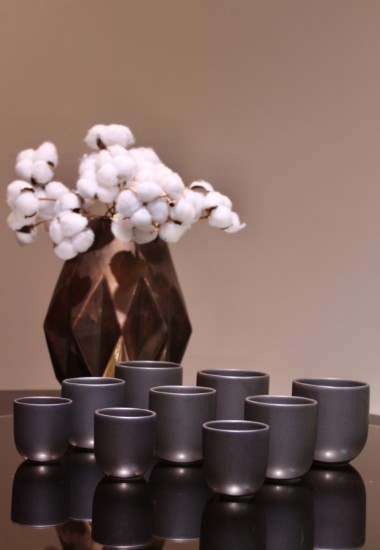 Set 3 cesti cafea ceramica, (250ml, 150ml, 80ml), pahare Novum Vulcano, negru carbon mat, gresie glazurata manual