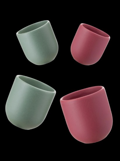 Set 4 cesti cafea ceramica, 250 ml, pahare Novum, verde menta mat, rosu burgundy mat, gresie glazurata manual