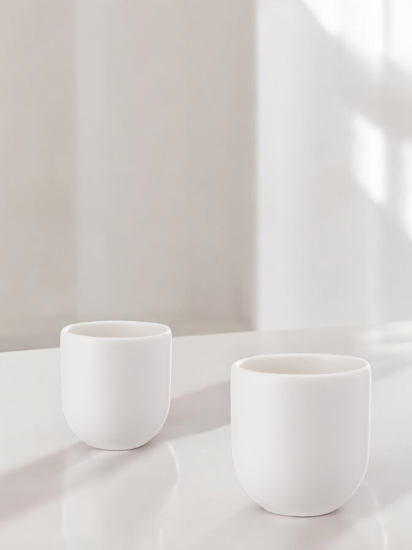 Set 2 cesti cafea ceramica (150ml, 80ml), pahare Novum Milk Foam, alb mat, gresie glazurata manual