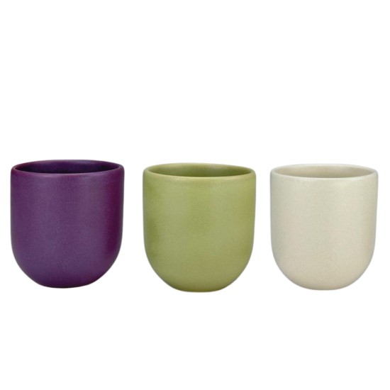 Set 3 cesti cafea ceramica, 250ml, pahare Novum Trio Serenity,  mov regal-olive-vanilie mat, gresie glazurata manual