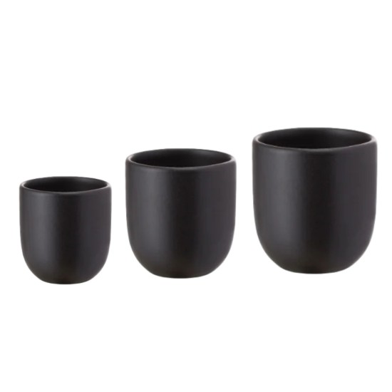 Set 3 cesti cafea ceramica, (250ml, 150ml, 80ml), pahare Novum Vulcano, negru carbon mat, gresie glazurata manual