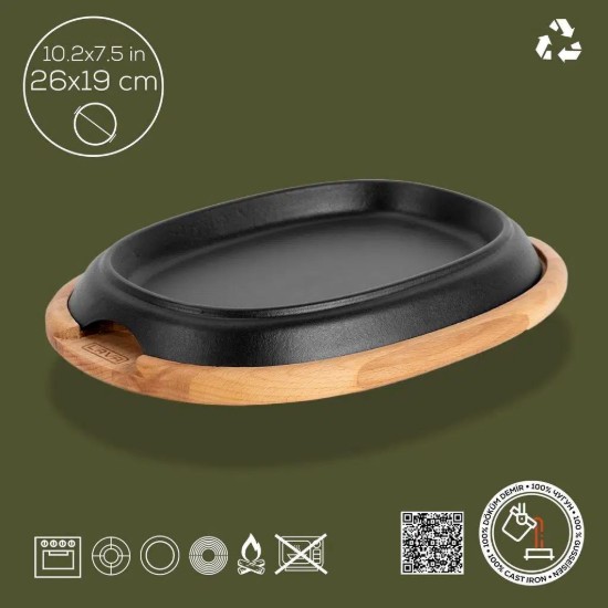Plita ovala fajita, 26 x 19 cm, cu platou servire din lemn - LAVA