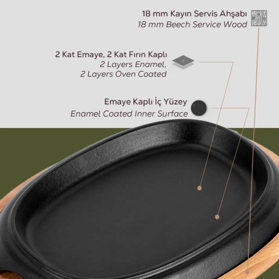 Plita ovala fajita, 26 x 19 cm, cu platou servire din lemn - LAVA