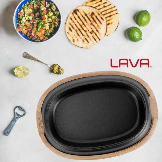 Plita ovala fajita, 26 x 19 cm, cu platou servire din lemn - LAVA