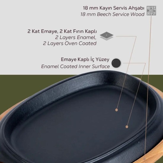 Plita fonta fajita, 12,5 x 19 cm, cu platou servire din lemn - LAVA