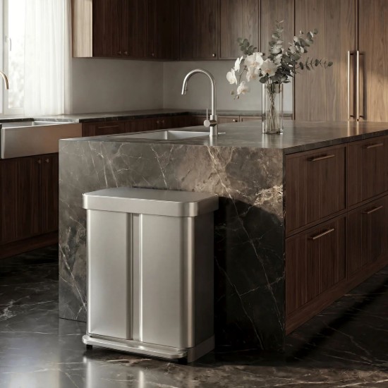Cos de gunoi cu pedala, dublu compartimentat, 58 L, inox, Brushed - simplehuman