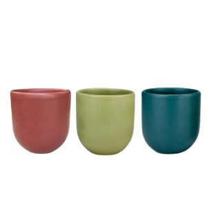 Set 3 cesti cafea ceramica, 250ml,  pahare Novum Trio Terra, rosu burgundy-olive-verde regal mat, gresie glazurata manual