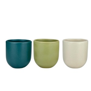 Set 3 cesti cafea ceramica, 250ml, pahare Novum Trio Oasis, verde regal-olive-vanilie mat, gresie glazurata manual